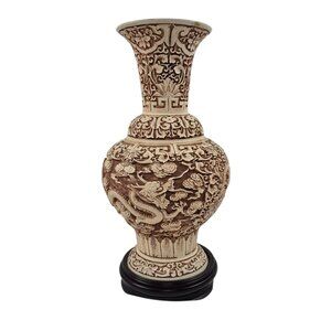 Arnat Imports Ivory Dynasty Dragon Vase 1983 Carved Resin Brass Wood Base